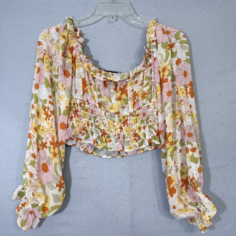 Hyfve Smocked Women's Crop Top Size M Floral Boho Cottagecore Festival Peasant